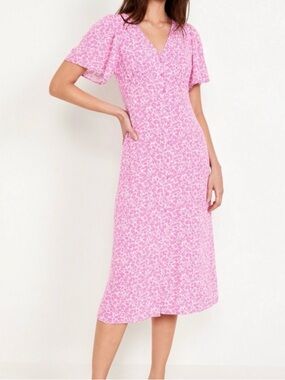 Old Navy Pink Floral V-Neck Flutter-Sleeve Midi Dress